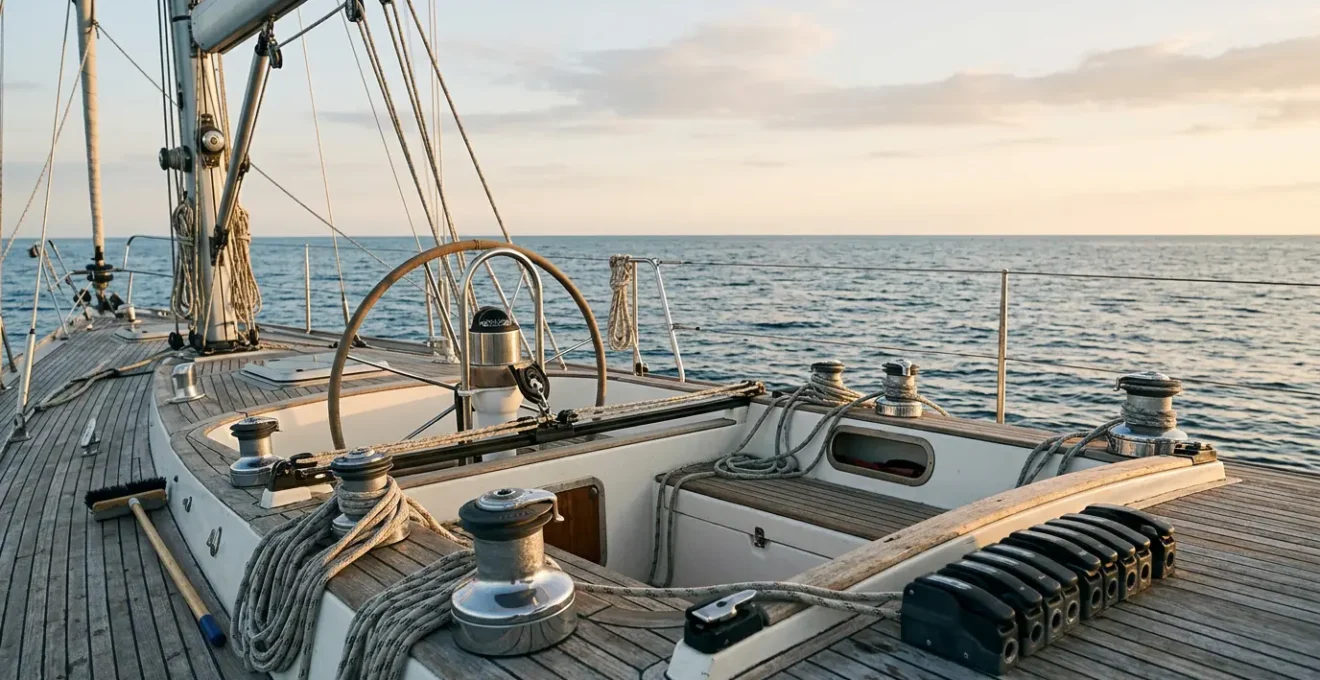 Équipement d'accastillage professionnel sur le pont d'un voilier avec winchs et poulies