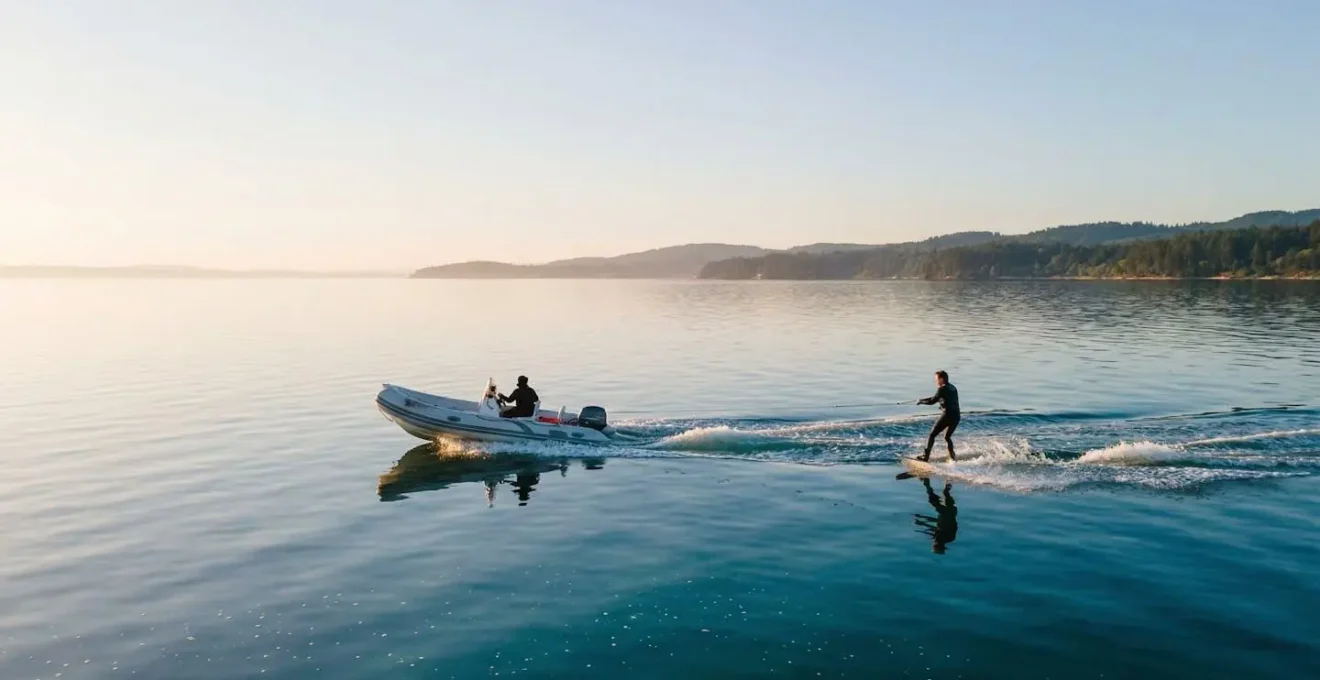 Semi-rigide de petite taille tractant un wakeboarder sur un plan d'eau calme au petit matin