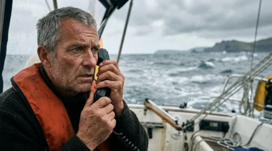 Plaisancier contactant les secours maritimes depuis un bateau en situation d'urgence