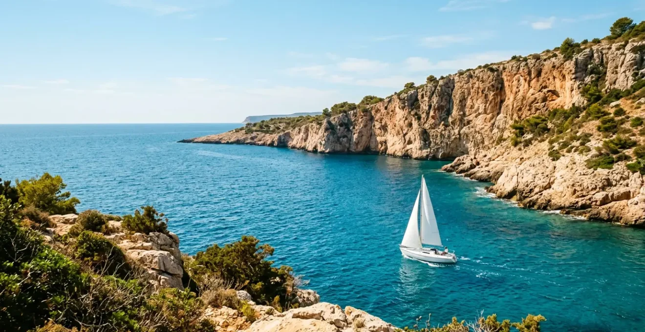 Voilier cabotant le long des côtes méditerranéennes avec vue sur criques et caps
