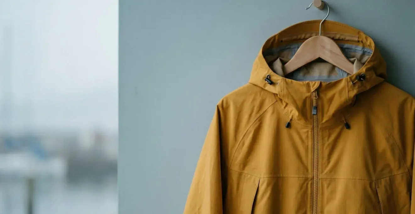 Ciré technique nautique jaune suspendu avec détail de la membrane imperméable