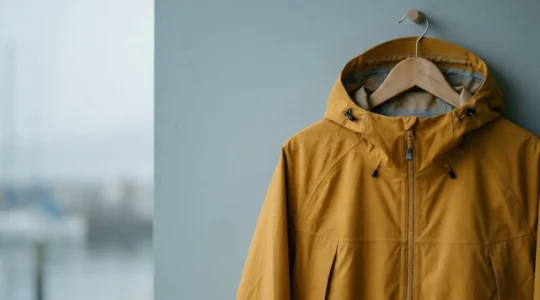 Ciré technique nautique jaune suspendu avec détail de la membrane imperméable