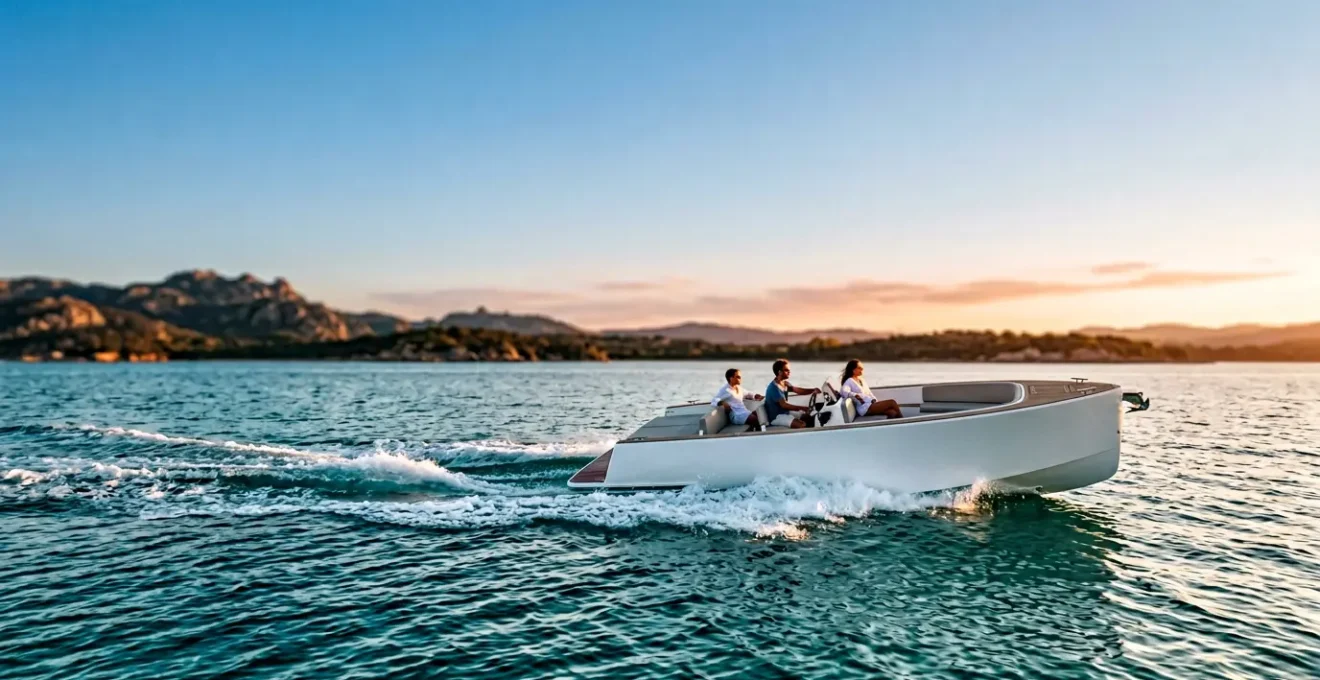 Bateau day-boat sans cabine naviguant sur une mer calme lors d'un weekend ensoleillé