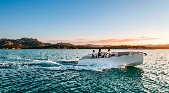 Bateau day-boat sans cabine naviguant sur une mer calme lors d'un weekend ensoleillé