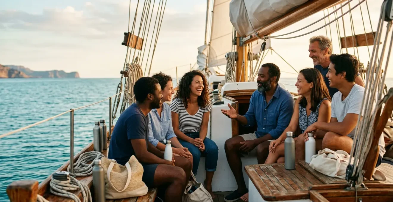 Équipage collaboratif sur un voilier moderne discutant ensemble autour d'une charte environnementale