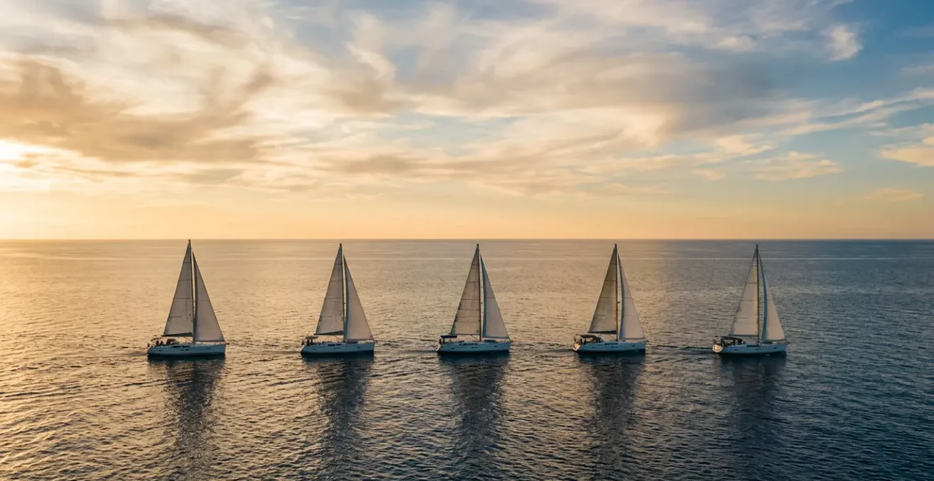 Flottille de cinq voiliers naviguant en formation sur mer calme au coucher du soleil