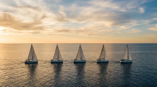 Flottille de cinq voiliers naviguant en formation sur mer calme au coucher du soleil