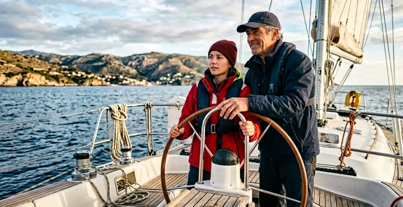 Formation à la barre d'un voilier de croisière avec instructeur et stagiaire en mer