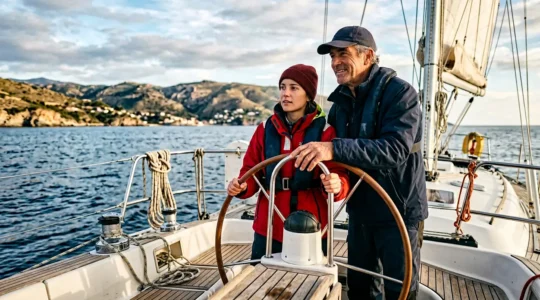 Formation à la barre d'un voilier de croisière avec instructeur et stagiaire en mer