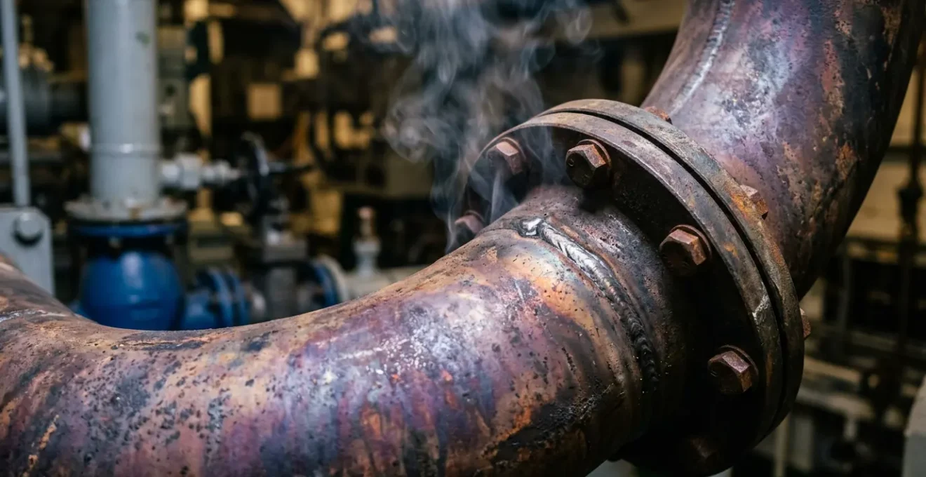 Gros plan détaillé sur un système d'échappement de moteur diesel marin montrant la combustion et les émissions