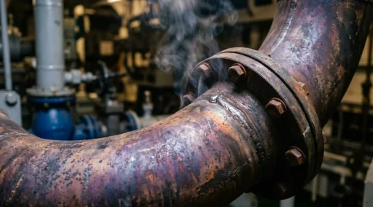 Gros plan détaillé sur un système d'échappement de moteur diesel marin montrant la combustion et les émissions