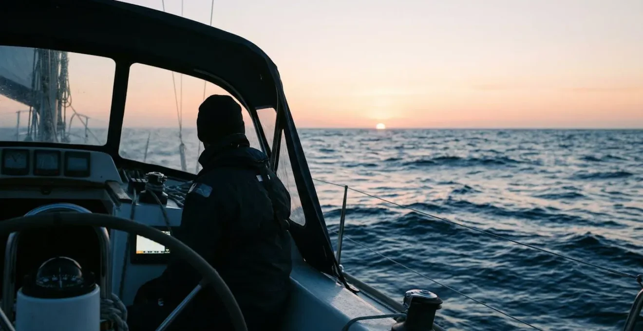 Cockpit de voilier à l'aube avec équipier de quart vigilant dans l'atmosphère sereine d'une traversée océanique