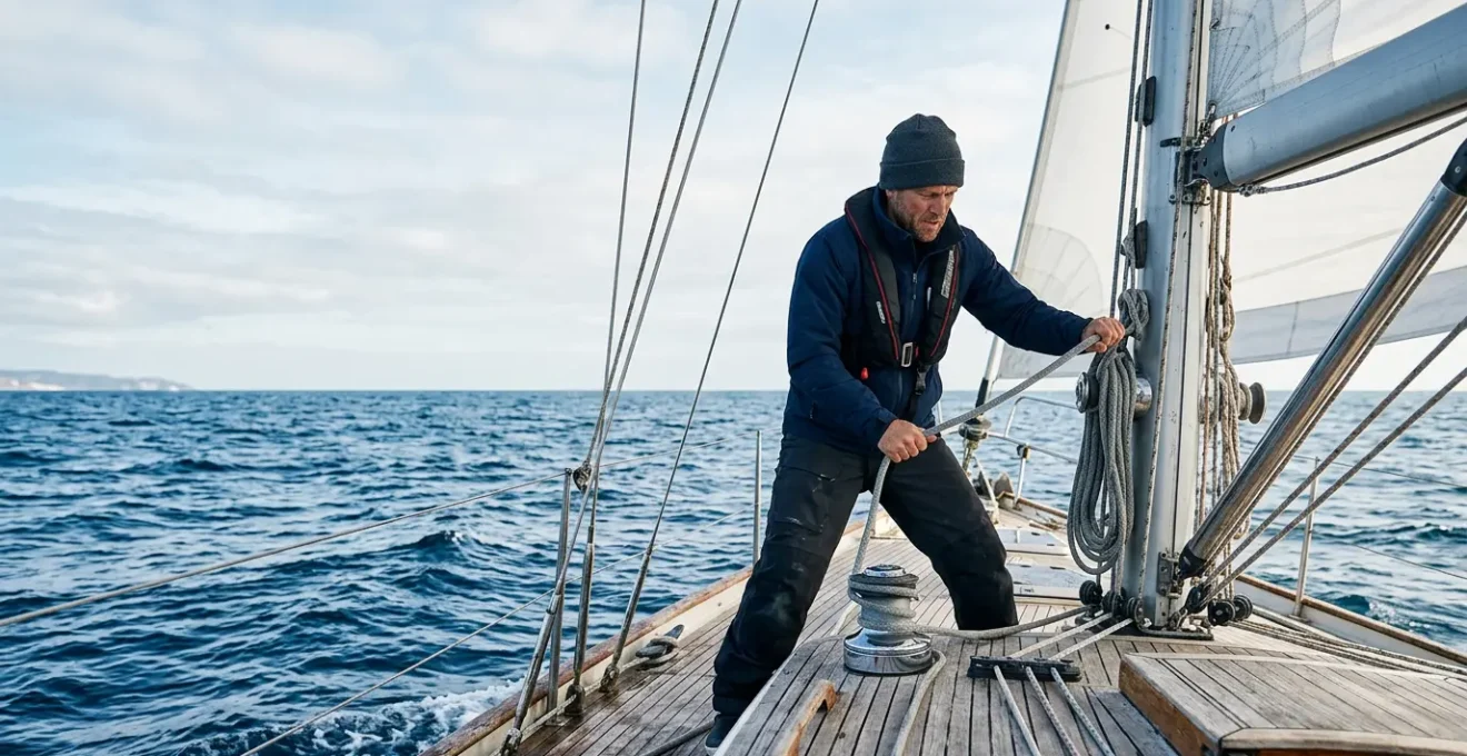 Gilet de sauvetage autogonflant porté par un marin en action de manœuvre sur un voilier