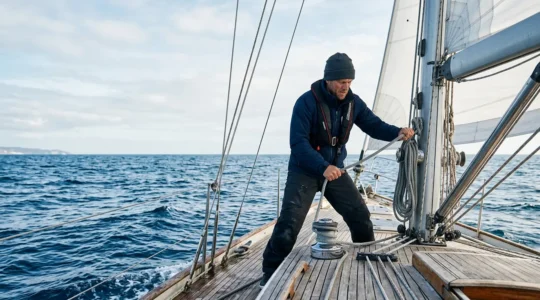 Gilet de sauvetage autogonflant porté par un marin en action de manœuvre sur un voilier