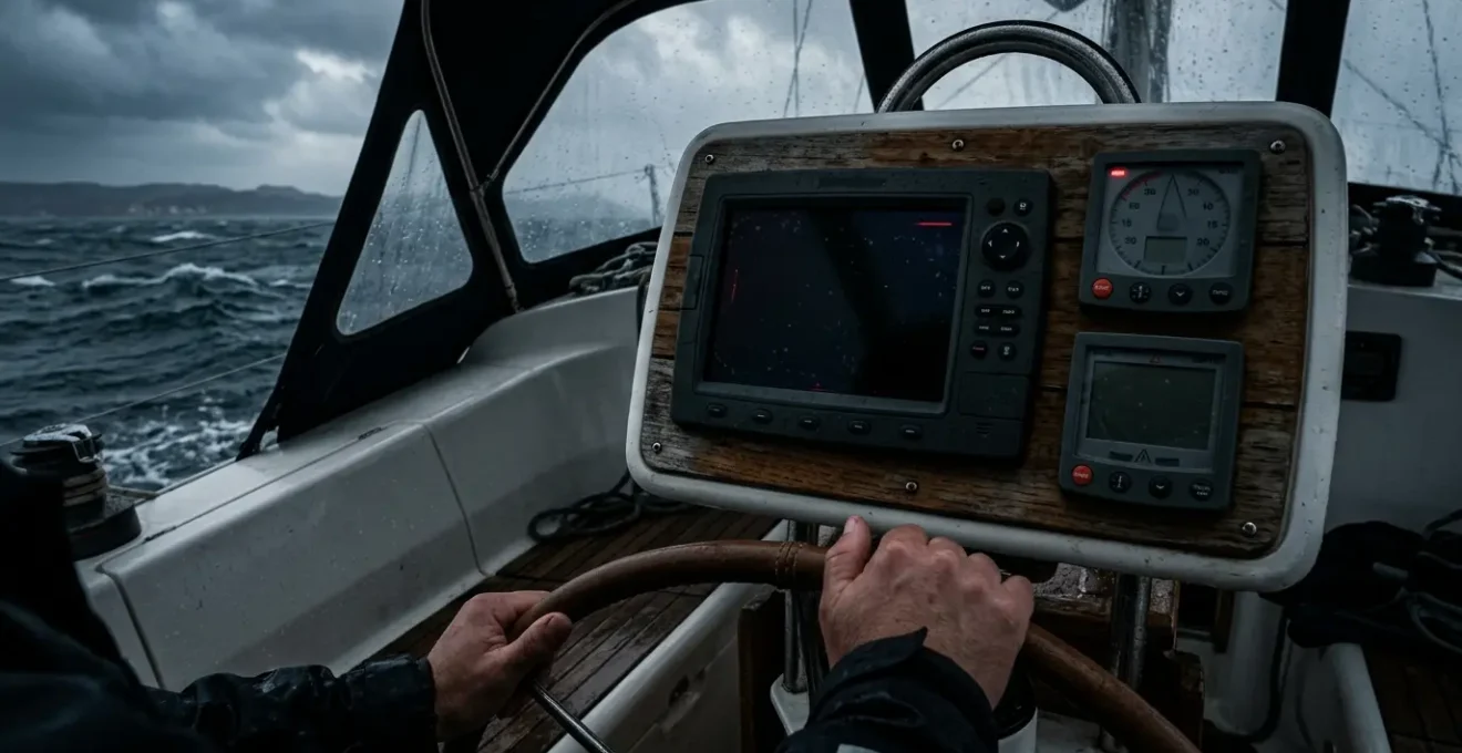 Tableau de bord nautique avec instruments de navigation en panne lors d'une navigation difficile