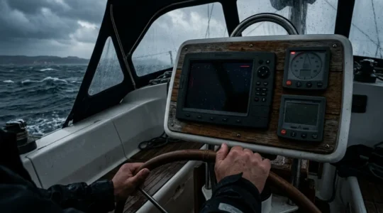Tableau de bord nautique avec instruments de navigation en panne lors d'une navigation difficile