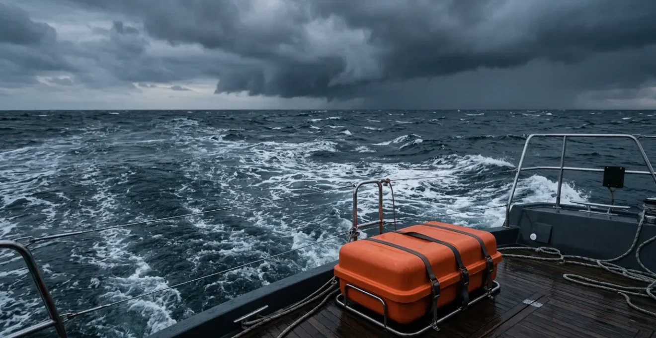 Kit de sécurité maritime réglementaire en situation critique avec radeau de survie en mer