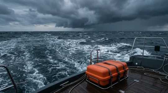 Kit de sécurité maritime réglementaire en situation critique avec radeau de survie en mer