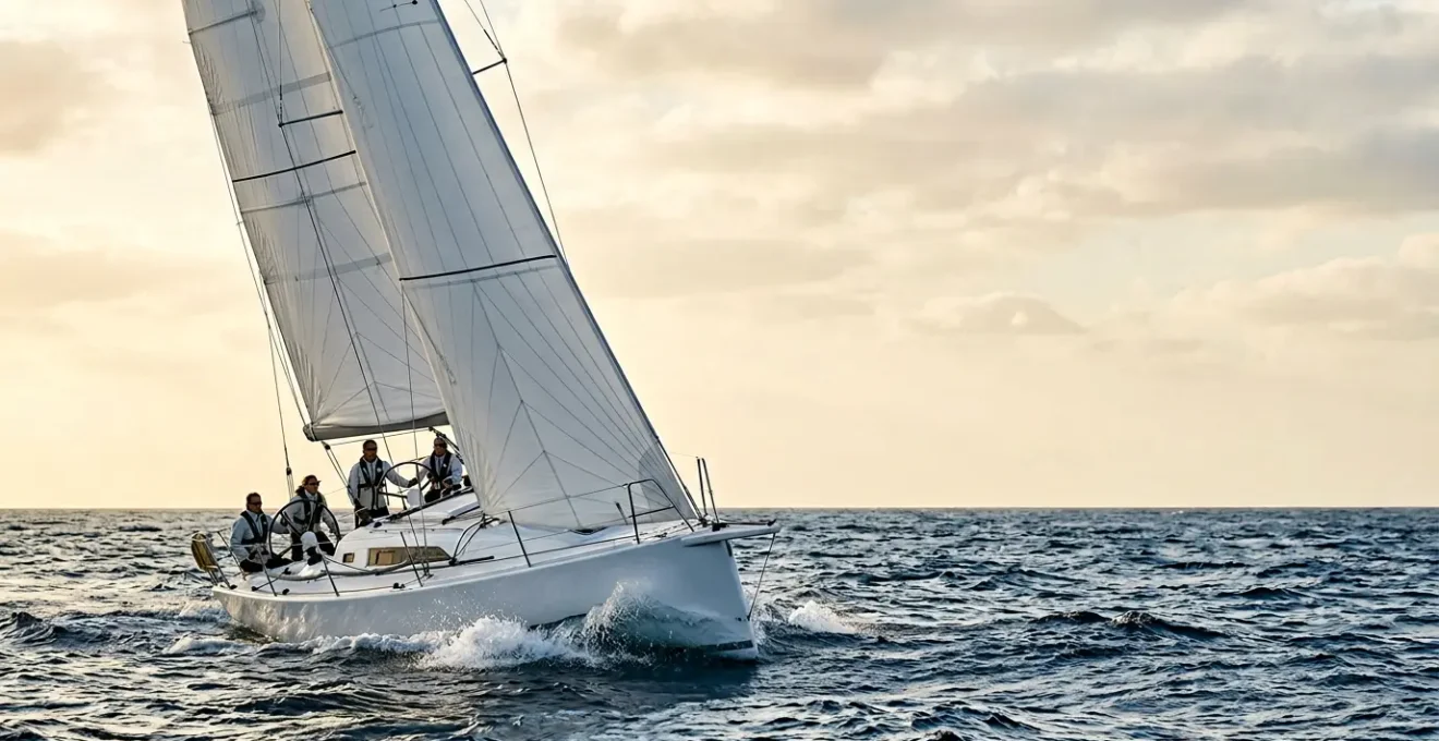 Monocoque naviguant au près avec gîte contrôlée, démontrant sa capacité à remonter efficacement au vent