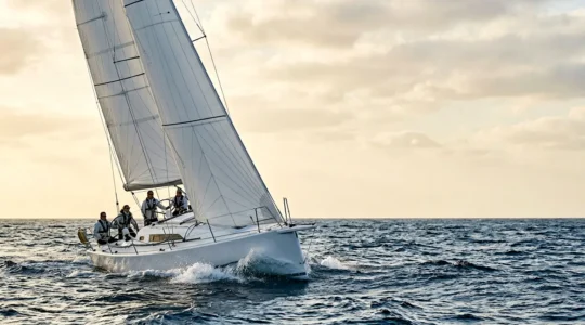 Monocoque naviguant au près avec gîte contrôlée, démontrant sa capacité à remonter efficacement au vent
