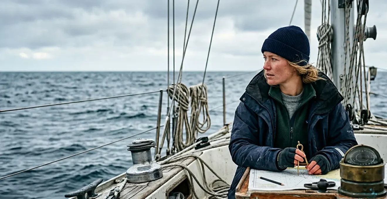 Navigateur en tenue technique trois couches sur un voilier en mer