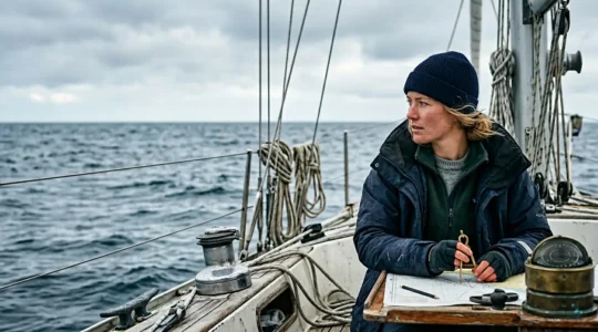 Navigateur en tenue technique trois couches sur un voilier en mer