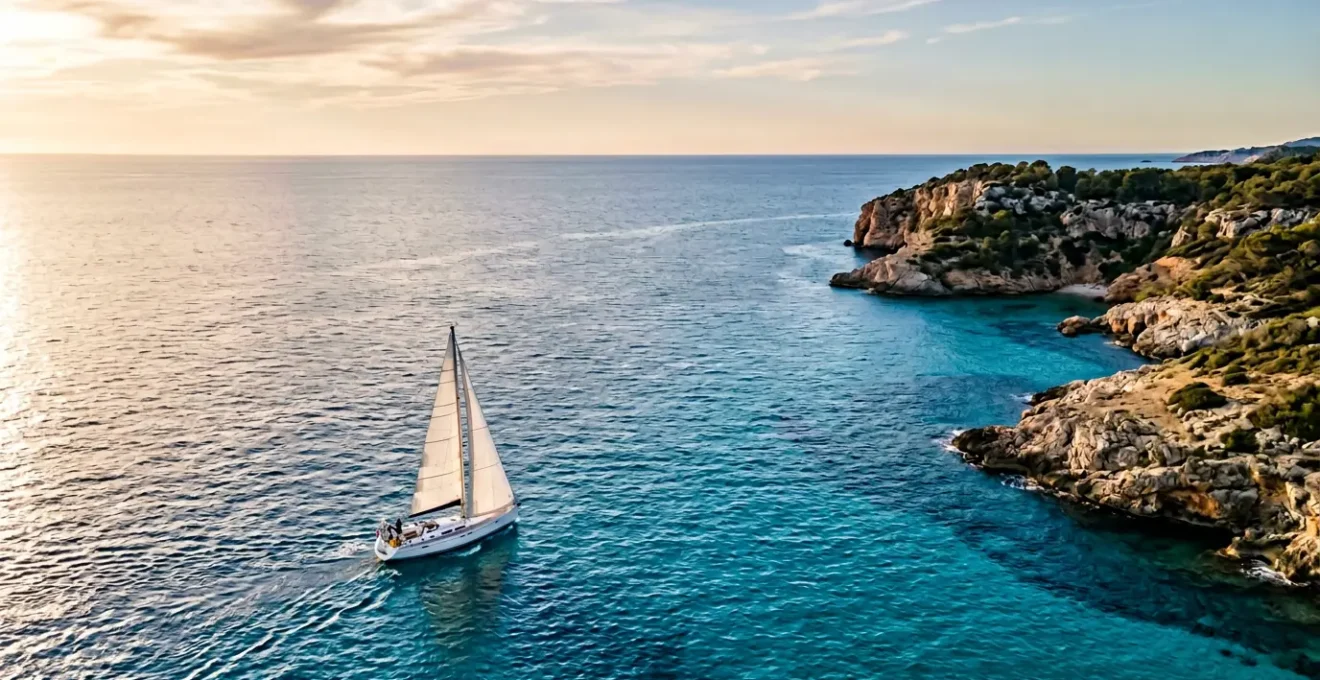 Vue aérienne d'un voilier naviguant dans une crique méditerranéenne avec des eaux cristallines