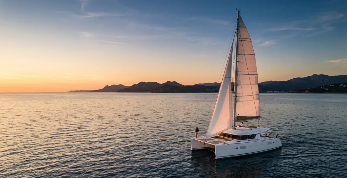 Catamaran de location naviguant au coucher du soleil en Méditerranée, symbolisant la tranquillité d'esprit offerte par le rachat de franchise
