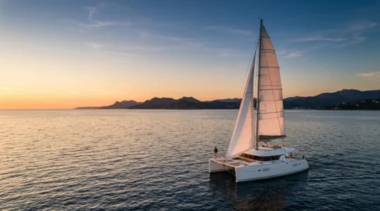 Catamaran de location naviguant au coucher du soleil en Méditerranée, symbolisant la tranquillité d'esprit offerte par le rachat de franchise