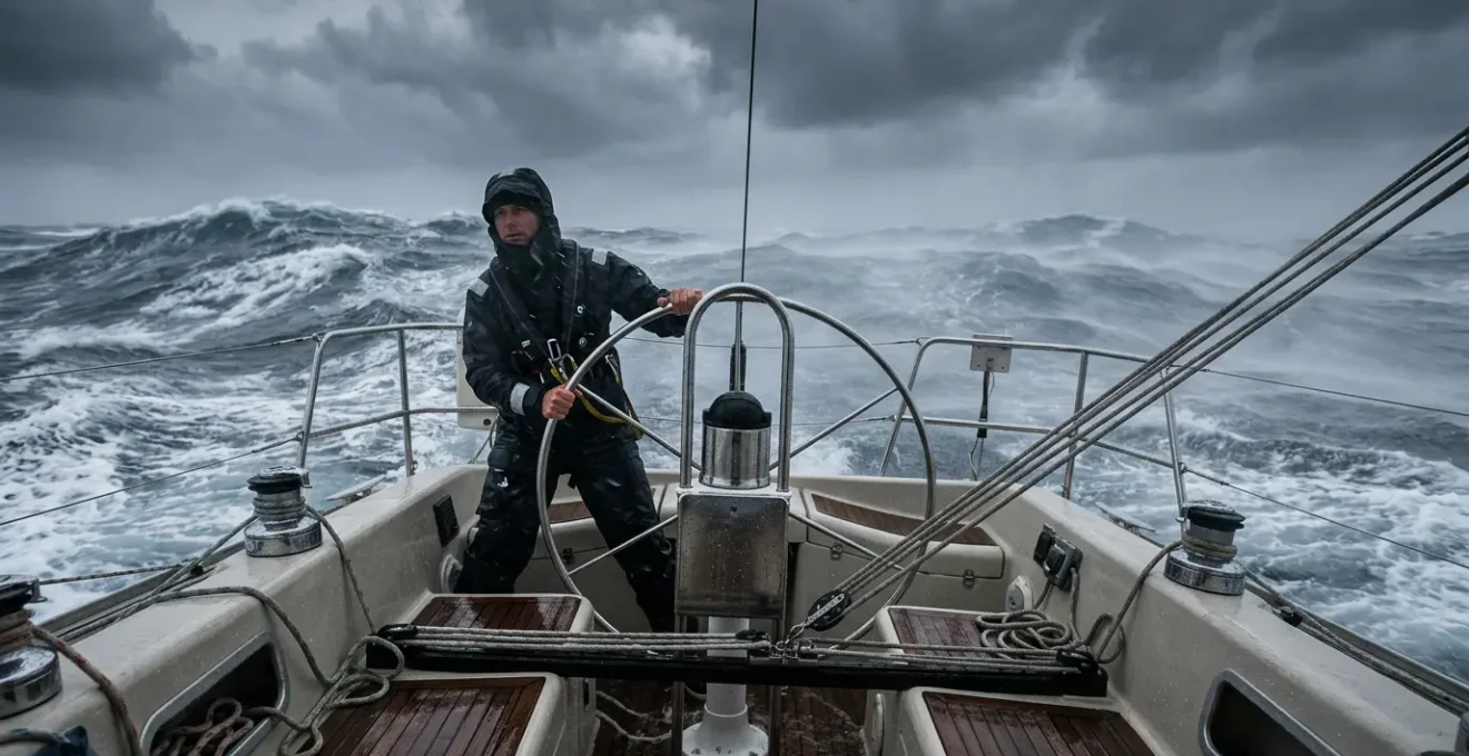 Équipier à la barre d'un voilier dans les embruns par mer formée