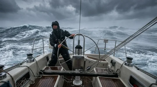 Équipier à la barre d'un voilier dans les embruns par mer formée