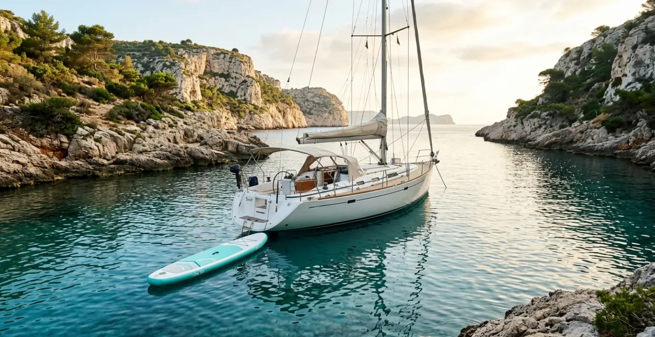 Stand up paddle gonflable amarré à l'arrière d'un voilier ancré dans une crique isolée au lever du soleil
