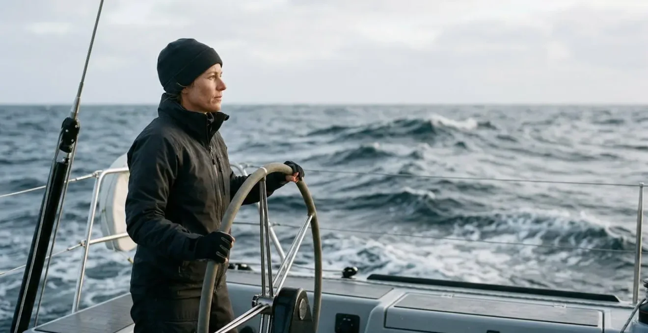 Voilier naviguant dans une houle formée avec un barreur concentré au poste de barre