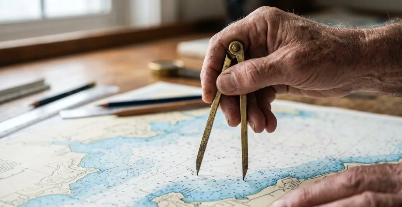 Mains d'un navigateur traçant un itinéraire sur une carte marine avec compas et règle