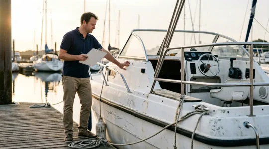 Premier propriétaire de bateau préparant sereinement son embarcation au port avant une sortie en mer