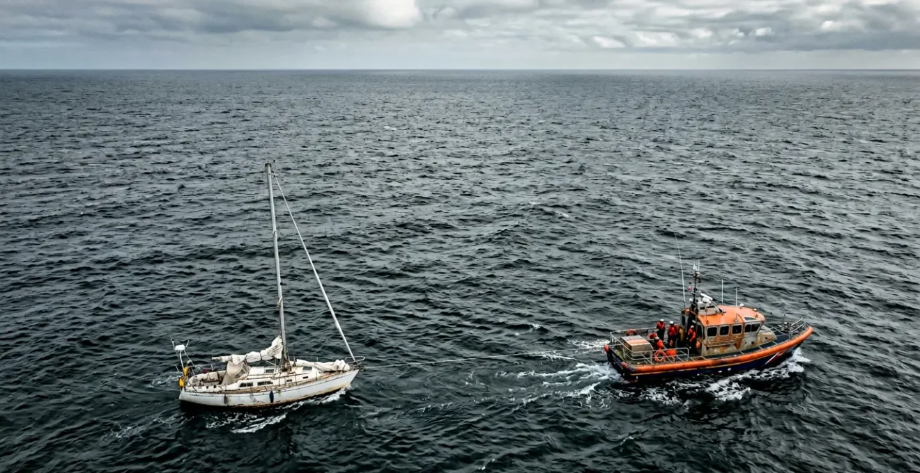 Remorquage d'un bateau de plaisance en mer par un navire de sauvetage professionnel