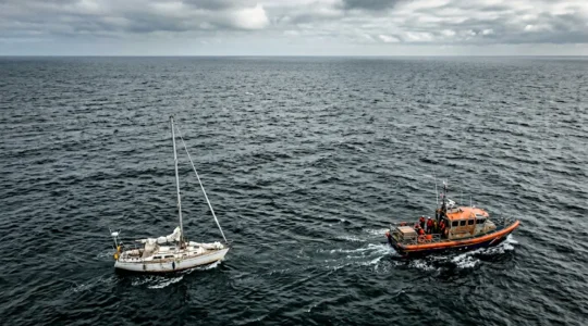 Remorquage d'un bateau de plaisance en mer par un navire de sauvetage professionnel