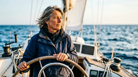 Skipper professionnel à la barre d'un voilier lors d'une navigation en mer