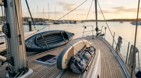 Organisation optimisée de jouets nautiques sur le pont d'un voilier avec système de rangement sécurisé