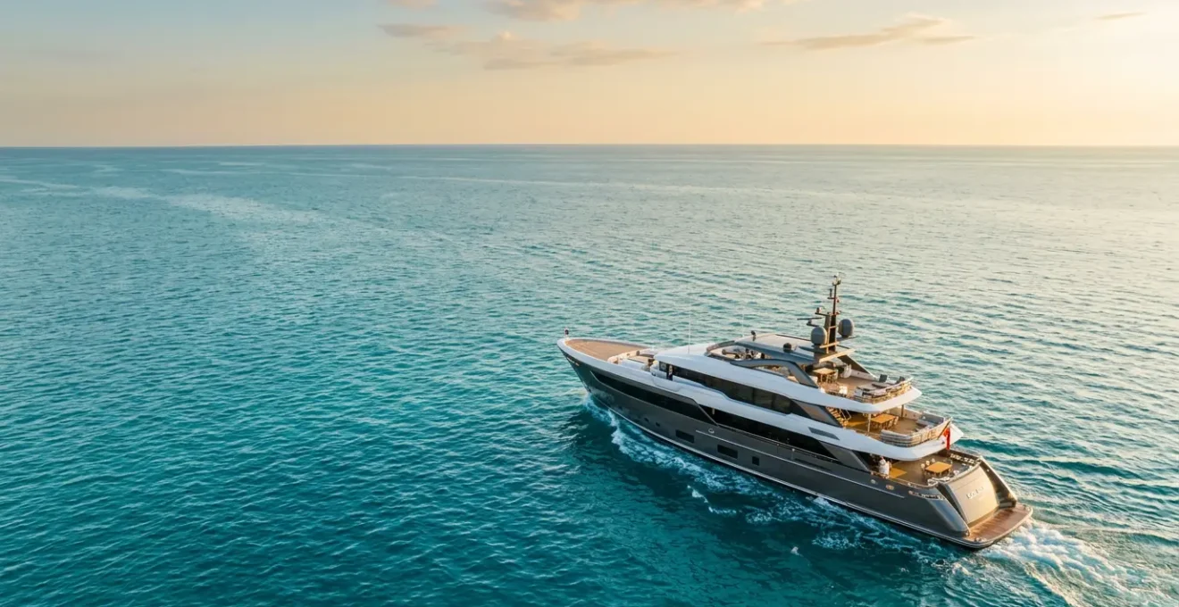 Vue panoramique d'un super-yacht de luxe naviguant dans les eaux cristallines de la Méditerranée au coucher du soleil