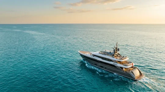Vue panoramique d'un super-yacht de luxe naviguant dans les eaux cristallines de la Méditerranée au coucher du soleil