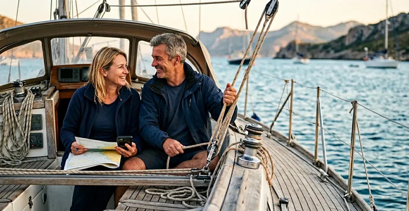 Couple vivant harmonieusement à bord d'un voilier de 12 mètres au mouillage