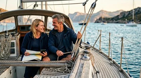 Couple vivant harmonieusement à bord d'un voilier de 12 mètres au mouillage