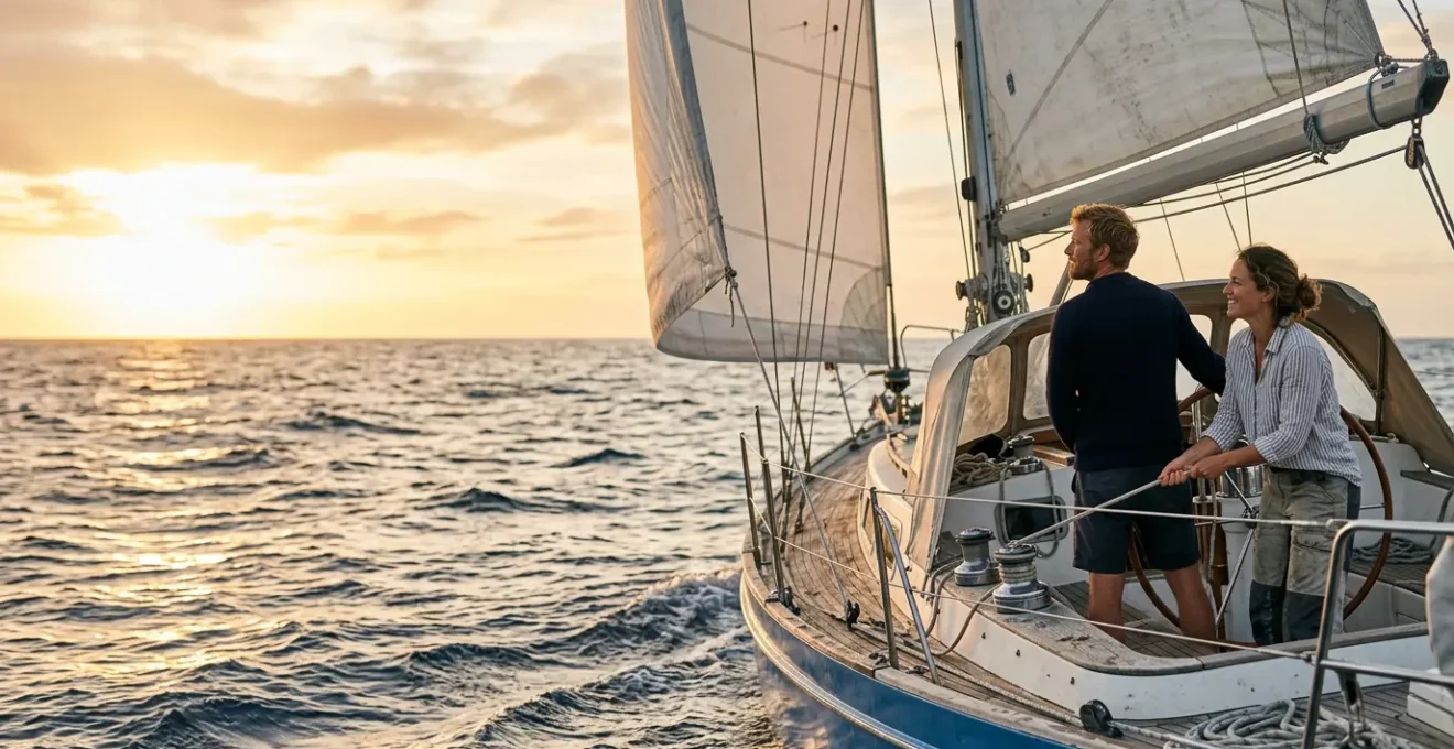 Voilier de croisière hauturière naviguant en mer avec un couple à bord sous un ciel lumineux