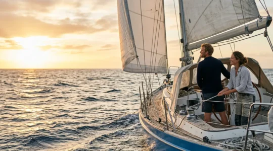 Voilier de croisière hauturière naviguant en mer avec un couple à bord sous un ciel lumineux