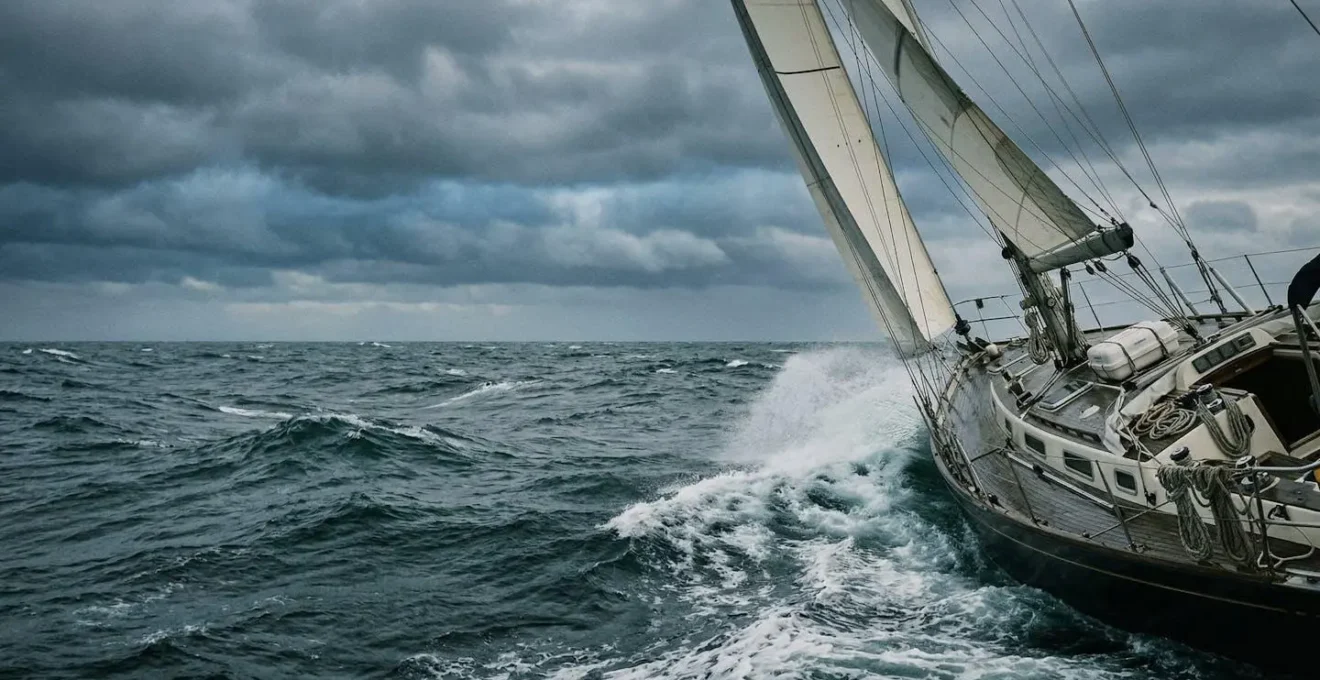 Voilier de croisière affrontant une mer formée avec des vagues puissantes, illustrant les défis de la navigation hauturière