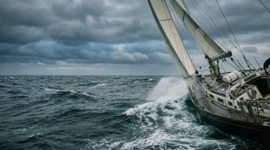 Voilier de croisière affrontant une mer formée avec des vagues puissantes, illustrant les défis de la navigation hauturière