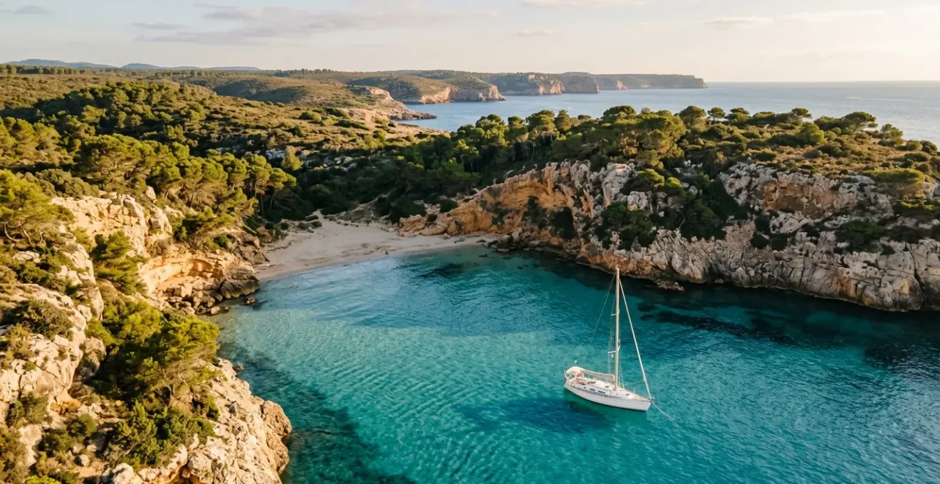 Voilier ancré dans une crique sauvage aux eaux turquoise en Méditerranée