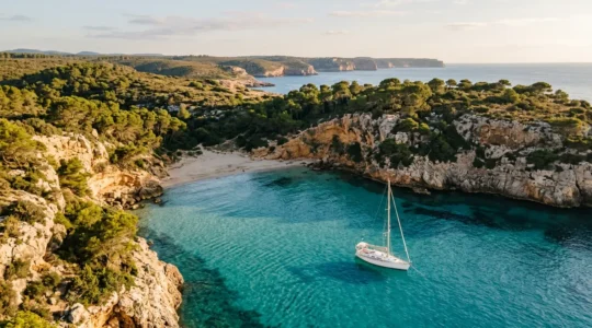 Voilier ancré dans une crique sauvage aux eaux turquoise en Méditerranée