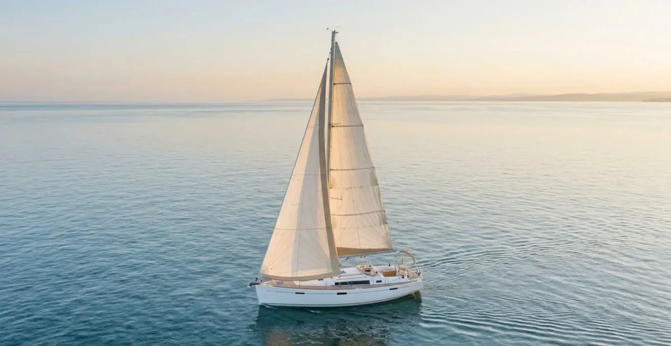 Voilier naviguant par petit vent avec voiles gonflees sur mer calme sous ciel lumineux